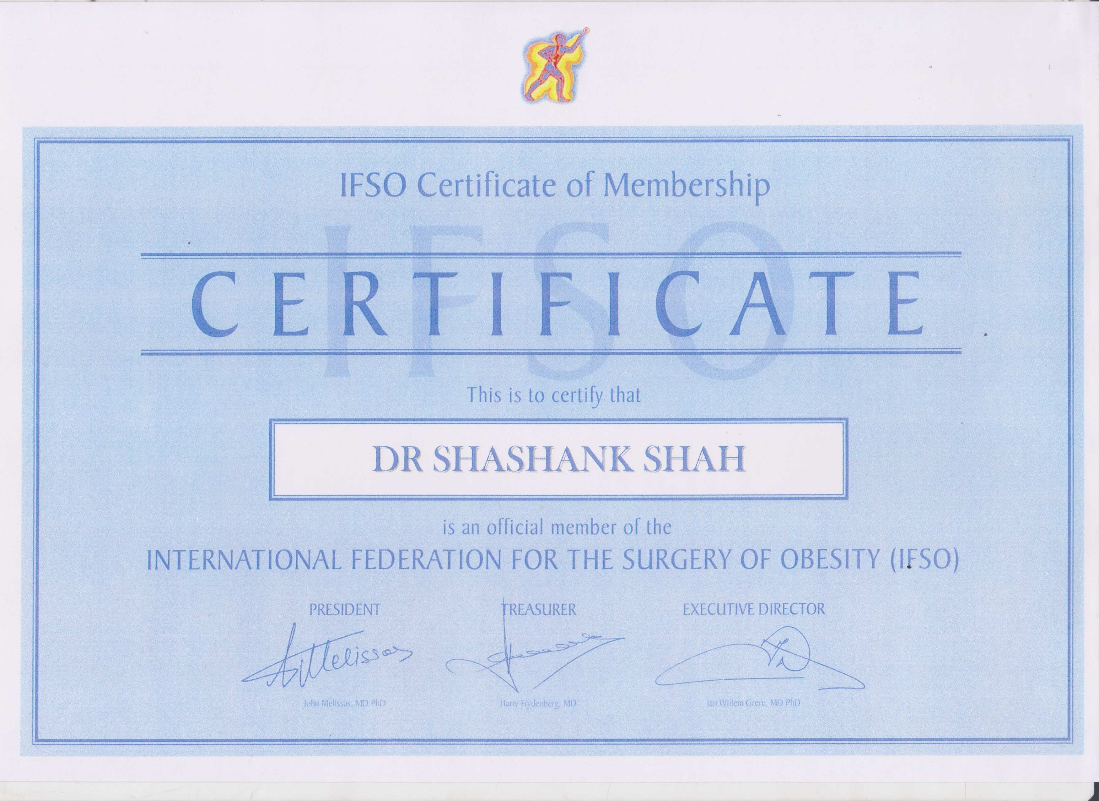 Certificate of official membership of the International Federation of the Surgery for Obesity and Metabolic Disorders (IFSO). 